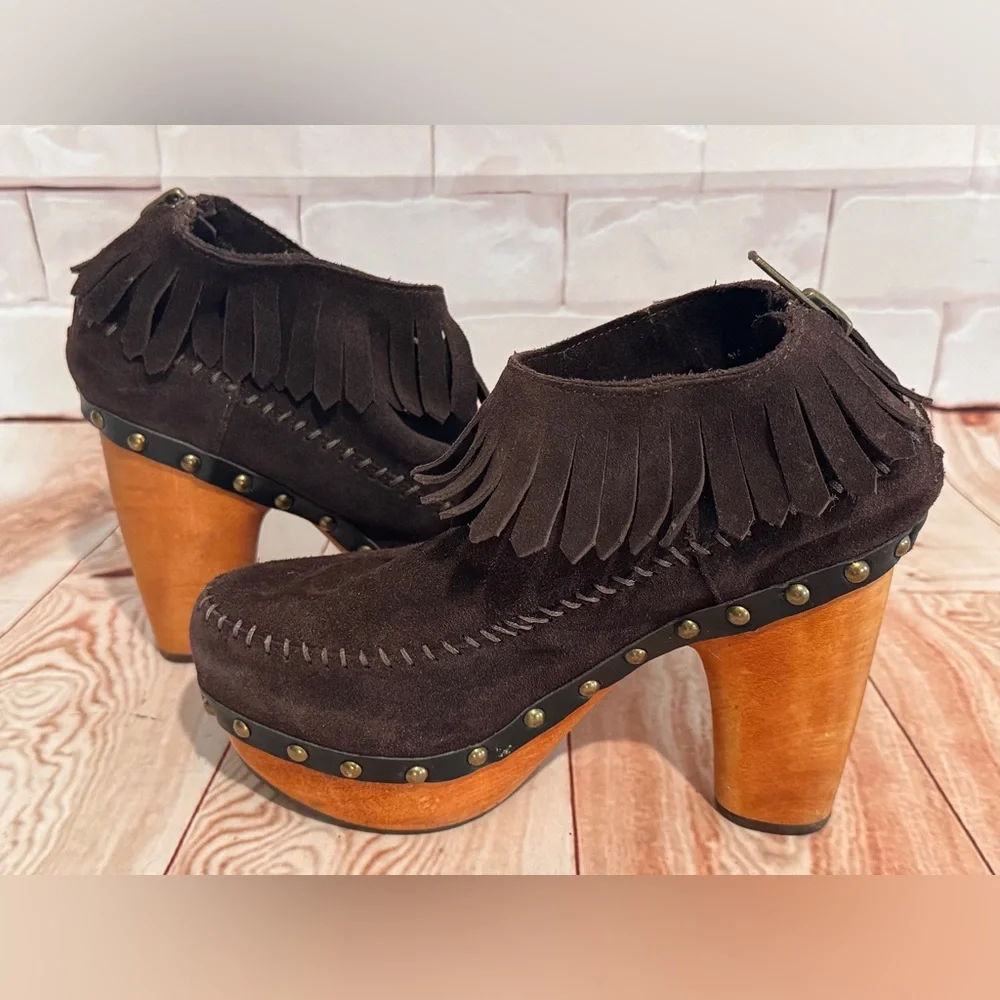 FLOGG‎ Davina Suede Fringe Platform Clog Heels Boho Western Size 7